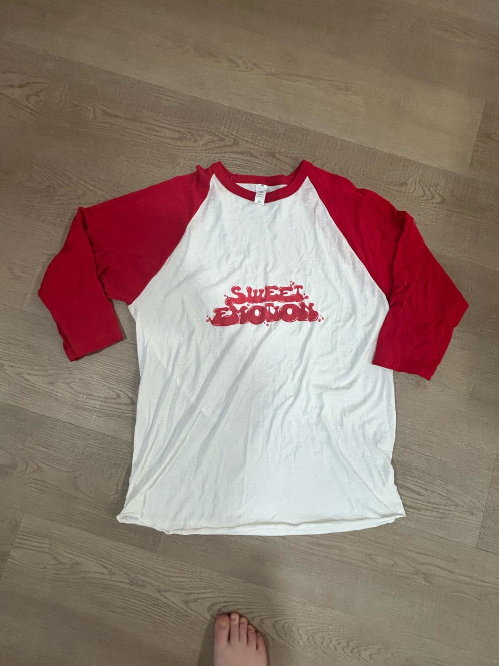 Tultex White Baseball Tee with Red Raglan Sleeves and Center Graphic